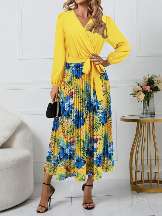 Pleated Printed Surplice Long Sleeve Dress