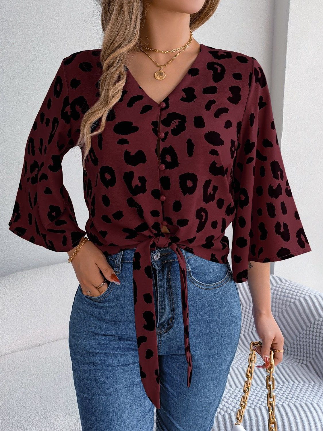 Tied Button Up Leopard V-Neck Blouse